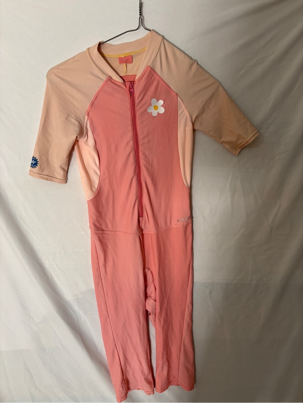 Girls' Peach & Light Peach Zip-Front Rashguard Swimsuit with Daisy